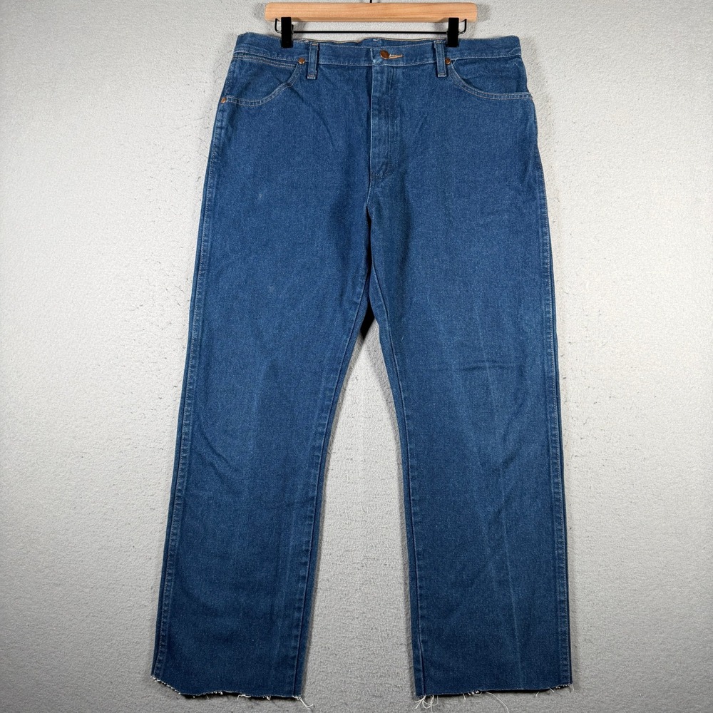 Wrangler Mens 1013MWZPW Cowboy Cut Straight Leg Blue Jeans Raw Hem 37x27